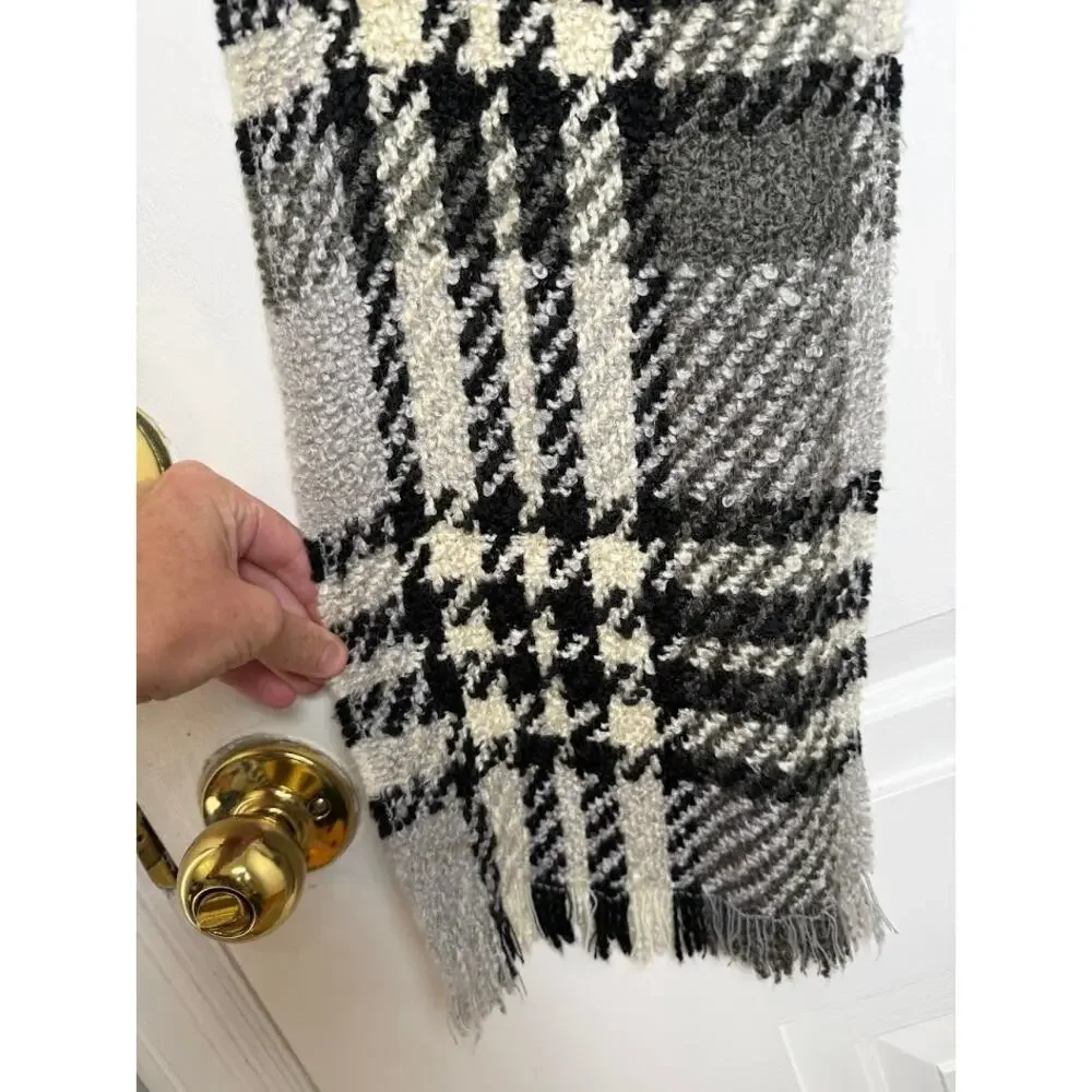 Preston & York Plaid Heritage Scarf Fringe Houndstooth Black Cream Wrap